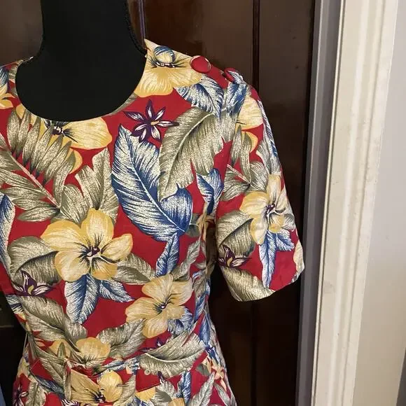 Vintage 90s Talbots Womens 8 Belted Linen Blend Short Sleeve Hawaiian Dress USA - Picture 6 of 15